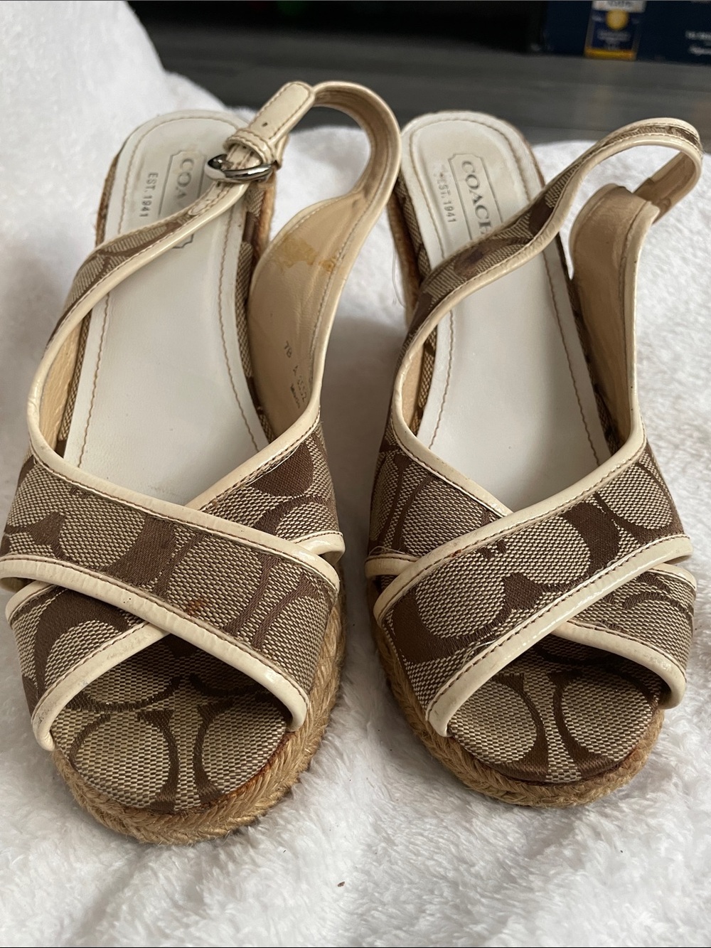 Coach Beige and Brown Signature Canvas Wedge Sandals - Picture 3 of 7